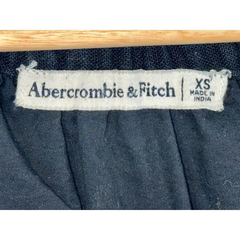 Abercrombie & Fitch Black Linen Ruched Puff Sleeve V-Neck Blouse Womens Size XS